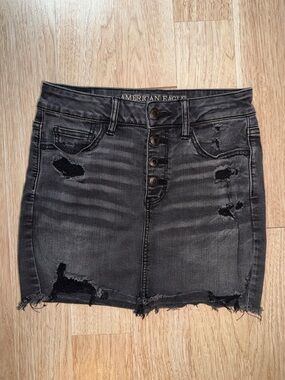 American Eagle Outfitters Black Distressed Denim Mini Skirt with Button Front